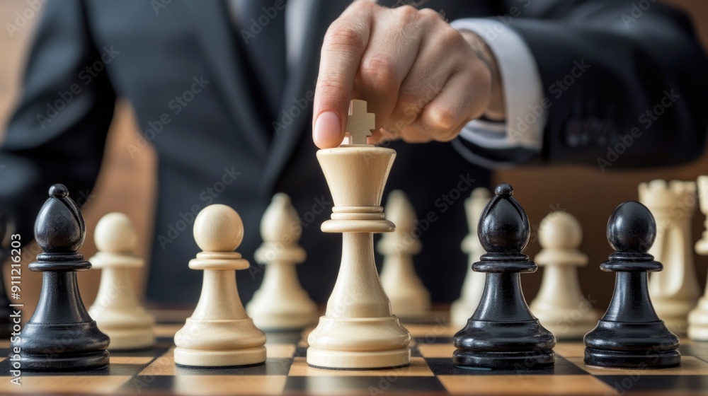 Business man take a king figure checkmate on the chess board game - strategy, management or leadership success concept Business man take a king figure checkmate on the chess board game - strategy, management or leadership success concept
