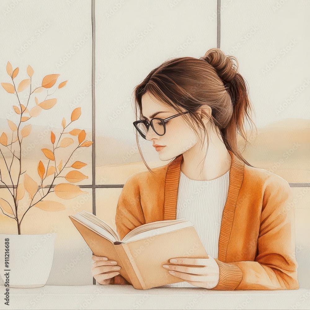 Obraz premium Woman in a cozy cardigan reading a book by a window.