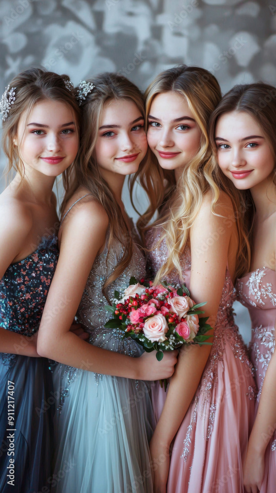 Fototapeta premium Four young women are posing for a picture, wedding day