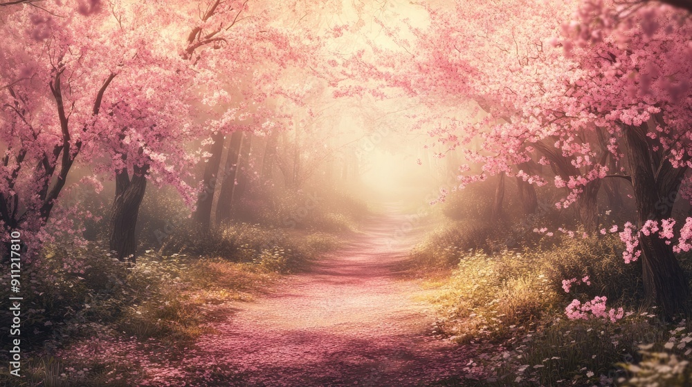 Enchanting path through a Japanese Sakura forest with pink blossoms Enchanting path through a Japanese Sakura forest with pink blossoms