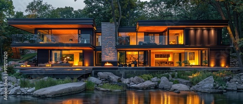 A large house with a fireplace and a pool