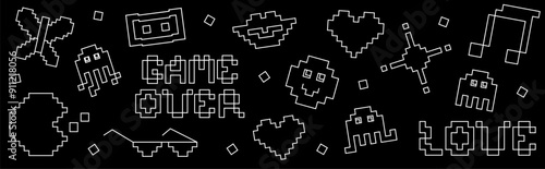 Pixel Y2k retro sticker pack. 90's trendy playful stickers and icons. 8-bit aesthetics vector illustration. Simple geometric form, smile, lips, butterfly. Black and white badge isolated on black.