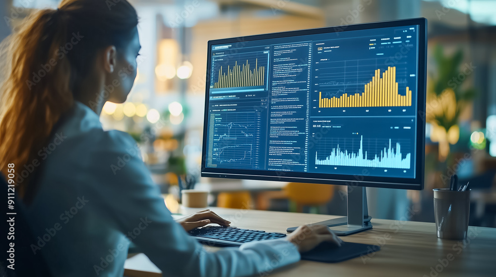 Professional Woman is Engaged in Analyzing Data on a Computer in a Modern, WellEquipped Office Environment, Showcasing Expertise Professional Woman is Engaged in Analyzing Data on a Computer in a Modern, WellEquipped Office Environment, Showcasing Expertise