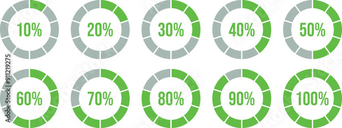 Percentage of infographics in sky blue. Circle load and circle progress collection. Set of circle percentage diagrams for infographics 0 10 20 20 30 40 50 60 60 70 80 90 100 percent in green.