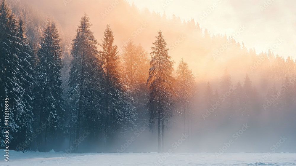 A mystical scene showcasing a foggy forest at dawn, where the winter sunlight breaks through, casting an enchanting and tranquil glow on the snow-covered landscape. A mystical scene showcasing a foggy forest at dawn, where the winter sunlight breaks through, casting an enchanting and tranquil glow on the snow-covered landscape.