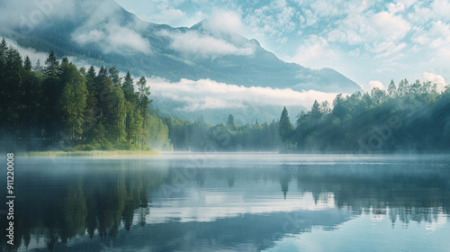 Serene Morning View of Calm Lake with Mist Rising, Mountains in Background, Surrounded by Dense Forest