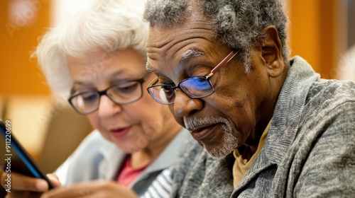 An elderly couple attending a community center class, learning how to use digital devices, the instructor patiently assisting them, showcasing the importance of digital literacy and community support