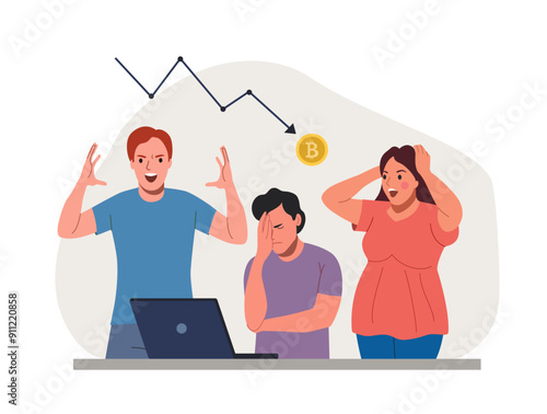 Group of Puzzled people look at a laptop. Bitcoin price falling down sharply. Vector flat style cartoon illustration