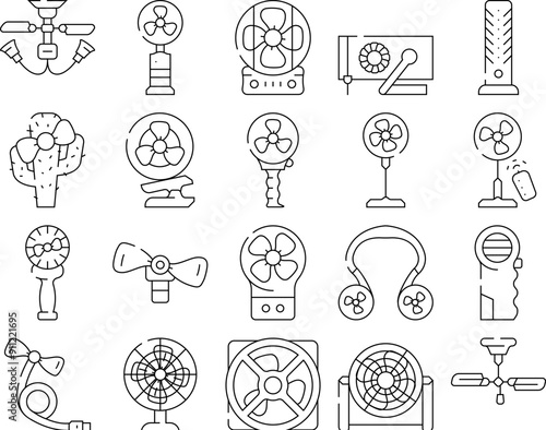 Fan Electronic Cooling Device Icons Set Vector. Ceiling And Floor Fan, Children Ventilator In Cactus Shape And Connected To Mobile Phone. Gadget Remote Control And Manual Black Contour Illustrations