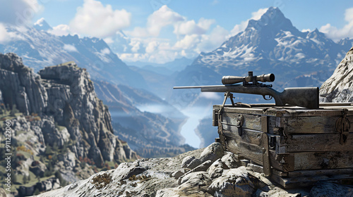 Sniper's Rifle on Weathered Wooden Crate atop Mountain Peak Overlooking Narrow Pass Below