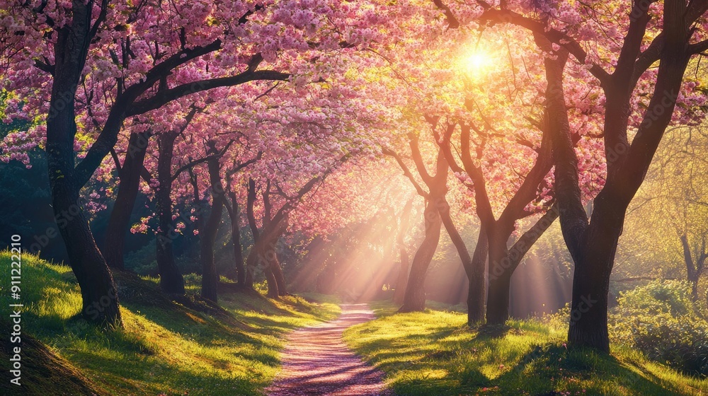 Idyllic Japanese Sakura tree forest with vibrant blossoms and sunlight Idyllic Japanese Sakura tree forest with vibrant blossoms and sunlight