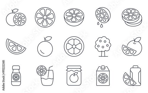 Vector icons orange fruit. Whole citrus with leaf, in cut and half. Drinks fresh juice with tube, tree with fruit, sweet jam in jar. Editable stroke thin line black set on white background.
