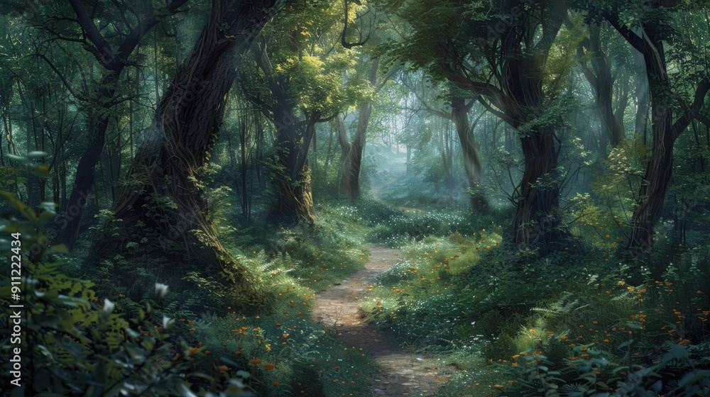 Fototapeta premium A nature background with a dense forest filled with tall, ancient trees, a winding path leading through the undergrowth, and dappled sunlight creating a magical, enchanted atmosphere