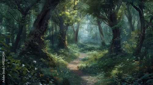 A nature background with a dense forest filled with tall, ancient trees, a winding path leading through the undergrowth, and dappled sunlight creating a magical, enchanted atmosphere