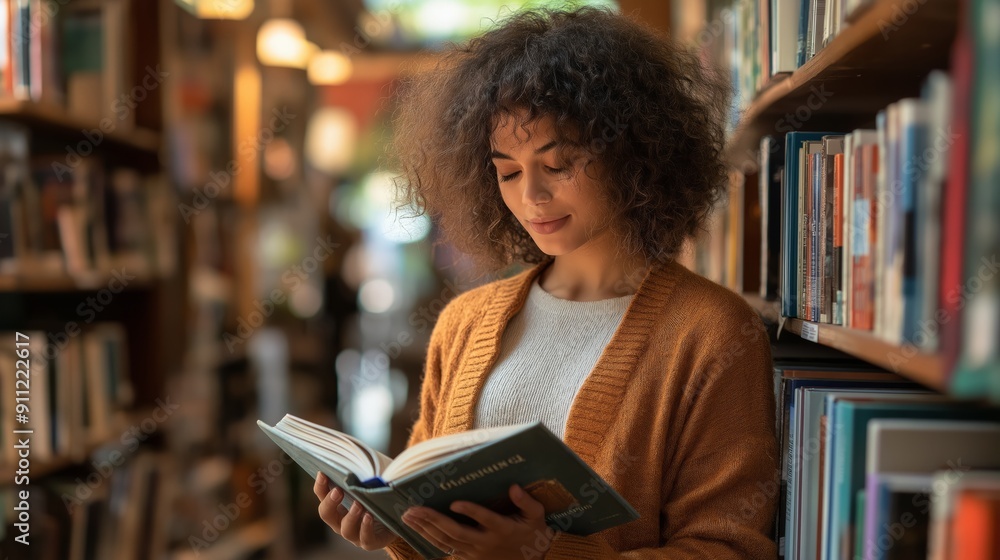 A woman with curly hair enjoys reading a book while surrounded by shelves filled with various titles in a warm and inviting bookstore.