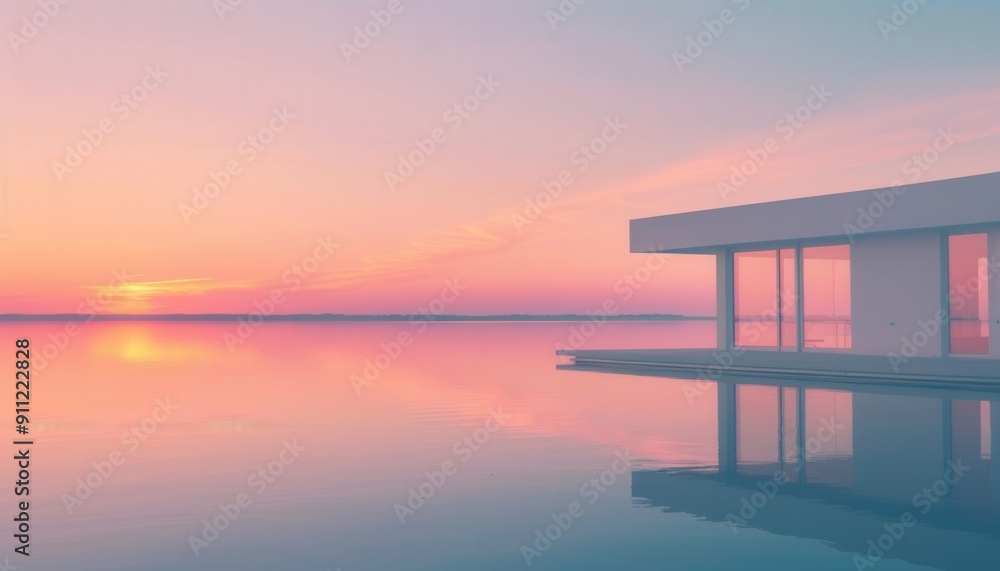 Serene Sunset Over Tranquil Waters at Modern Waterfront Residence Serene Sunset Over Tranquil Waters at Modern Waterfront Residence