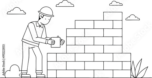 A man is laying bricks in a wall. The man is wearing a hard hat and a shirt. The bricks are being laid in a pattern