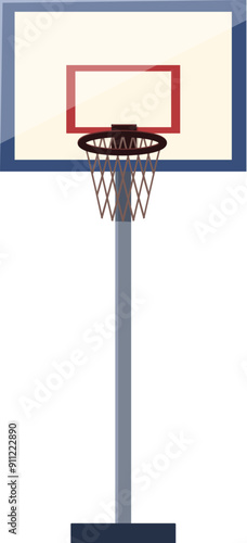 Basketball hoop is standing in a gym, ready for athletes to play a game