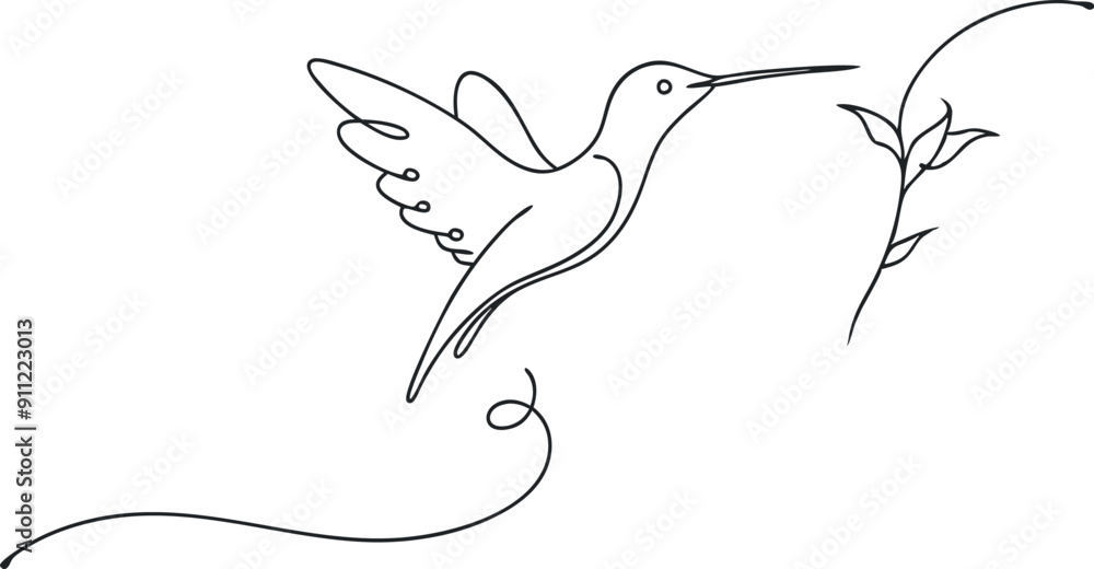 Fototapeta premium A bird is flying in the air with its beak open. The bird is surrounded by a leafy green background