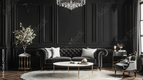 Classic black and gold living room featuring a chesterfield sofa, a crystal chandelier, and a white marble coffee table