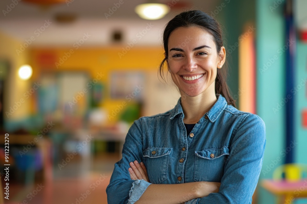 Smiling Woman in Colorful Office Setting Smiling Woman in Colorful Office Setting