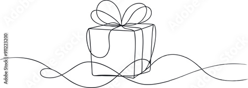 A gift box is shown in a line drawing, with a bow tied around it. Concept of excitement and anticipation, as the gift box is likely to contain something special or meaningful