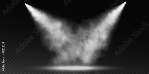 Dark stage on transparent background, white light from spotlight, empty dark stage and studio room with floating smoke. For product demonstrations.	