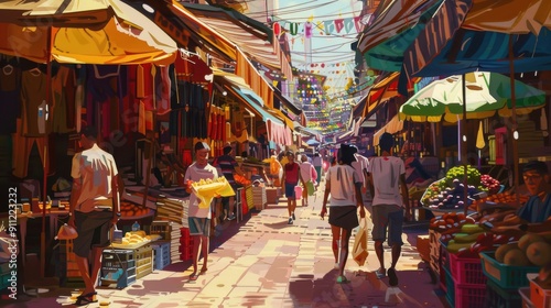 An urban background capturing the essence of a busy street market with colorful stalls, bustling crowds, and a lively, vibrant atmosphere that reflects the energy of city life