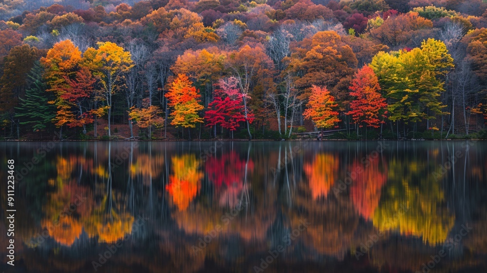 Obraz premium Tranquil Lake Surrounded by Vibrant Autumn Foliage with Reflections of Colorful Trees in Still Water