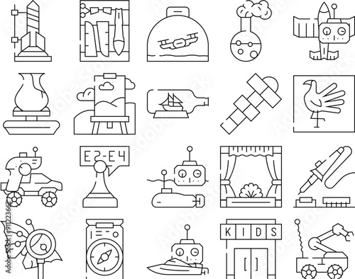 Kids Club Hobby Funny Occupation Icons Set Vector. Street Games And Sport Tourism, Theatrical And Chemistry Children Club, Air Simulation And Radio Controlled Car Sections Black Contour Illustrations