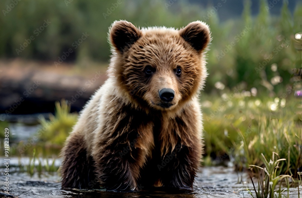 Fototapeta premium View of a cute little brown bear cub in a watering hole