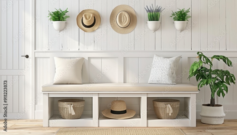 Stylish Entryway Featuring White Bench, Hat Displays, and Greenery in Bright Room Decorated With Natural Elements Stylish Entryway Featuring White Bench, Hat Displays, and Greenery in Bright Room Decorated With Natural Elements