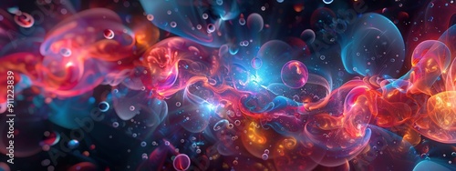 Abstract Artwork Featuring Swirling Colors and Glowing Bubbles