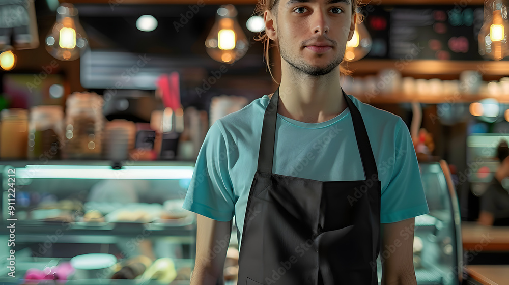 uniform of an employee of a ice cream shop on a mall, wearing a black apron and a aqua color t-shirt. barista uniform of an employee of a ice cream shop on a mall, wearing a black apron and a aqua color t-shirt. barista