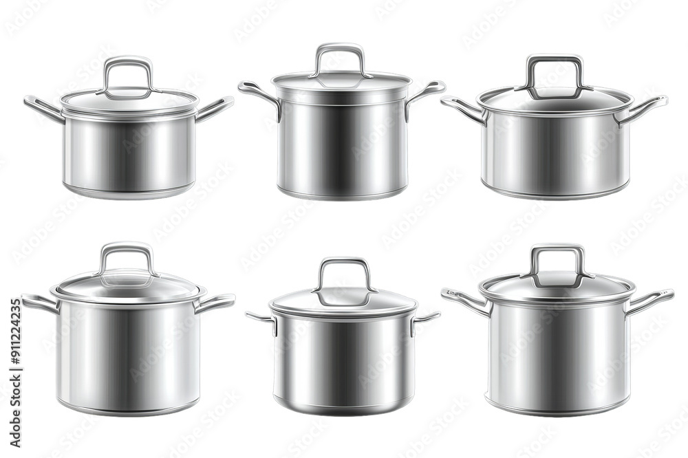 set of stainless pots isolated transparent background set of stainless pots isolated transparent background