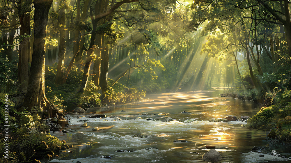 Obraz premium Tranquil River Flowing Through Dense Forest with Sunlight Streaming and Reflecting on Water