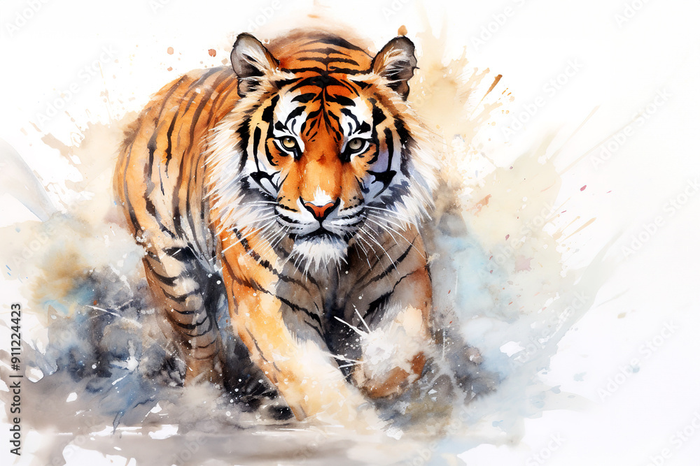 Obraz premium Watercolor painting of tiger on a clean background. Wildlife Animals. Illustration, Generative AI.