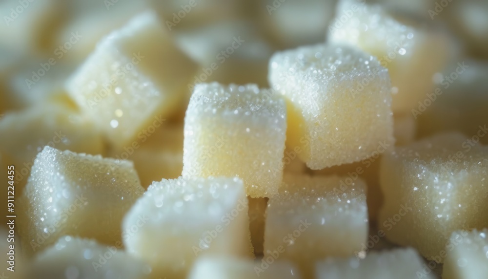 Close-Up View Of Sparkling White Sugar Cubes Arranged Neatly On A Surface Close-Up View Of Sparkling White Sugar Cubes Arranged Neatly On A Surface