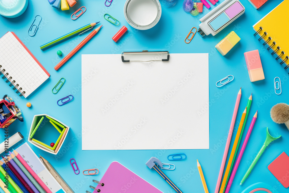Blank Clipboard with Colorful School Supplies on Blue Background with Copy Space Blank Clipboard with Colorful School Supplies on Blue Background with Copy Space