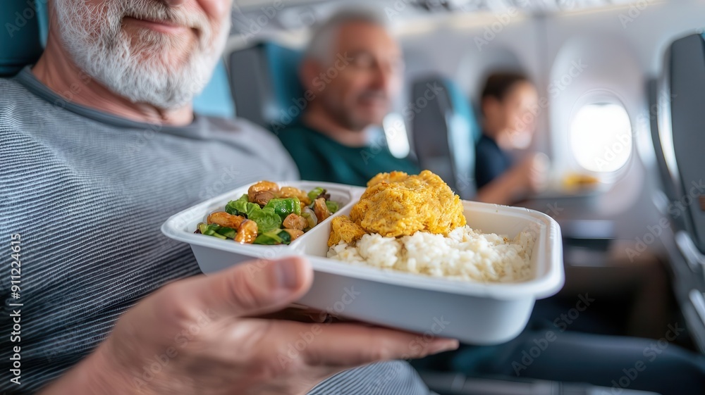 Cabin view of passengers enjoying an in-flight meal, showcasing domestic airline services Cabin view of passengers enjoying an in-flight meal, showcasing domestic airline services