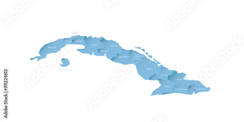 Cuba political map of administrative divisions - provinces. Shaded vector map with 3D-like blue gradient and name labels