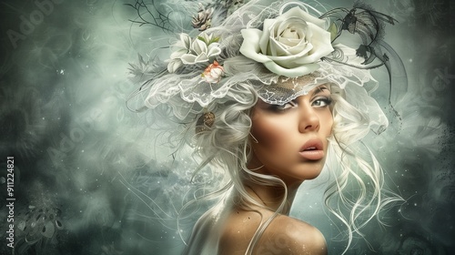 Enchanted Beauty: A captivating portrait of a woman adorned with a floral crown and intricate lace, her gaze piercing through a dreamy, ethereal backdrop. Her white blonde hair cascades down her shou