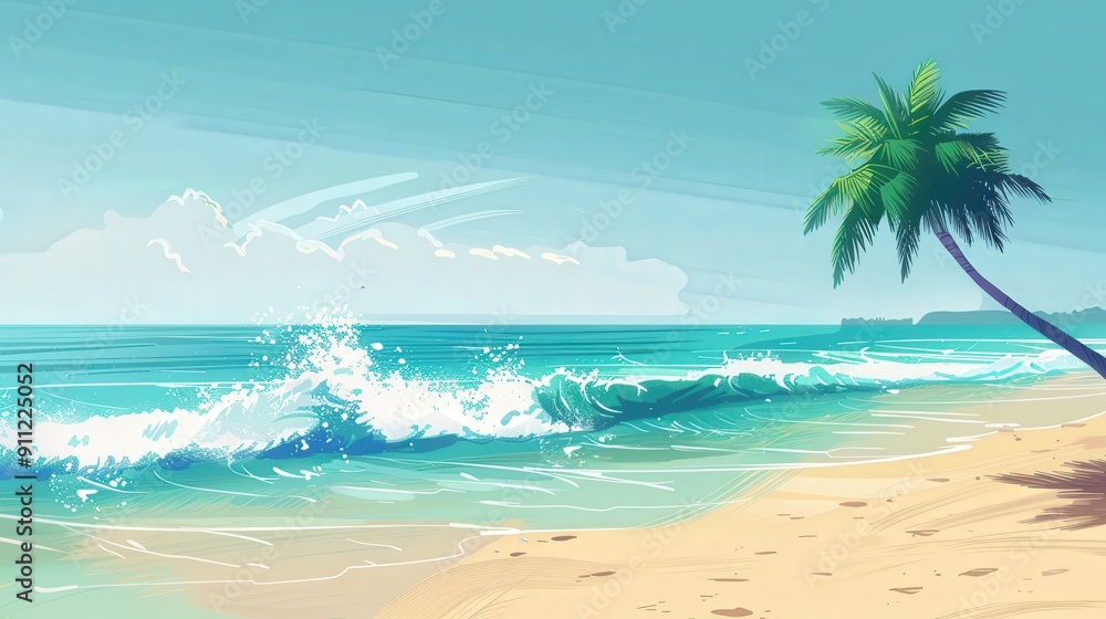 Palm Tree Overlooking a Sunny Beach with Waves Crashing on Shore Palm Tree Overlooking a Sunny Beach with Waves Crashing on Shore