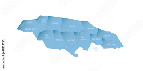 Jamaica political map of administrative divisions - parishes. Shaded vector map with 3D-like blue gradient and name labels