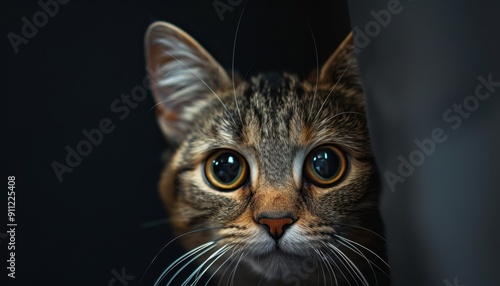 A Curious Cat Peeks Out From Behind A Dark Curtain In A Quiet Room