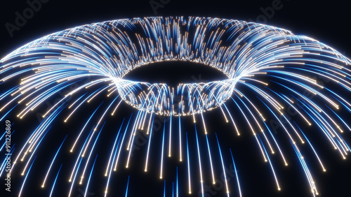 3d Abstract illustration of glowing light trails and particles against a dark background. 
Concepts: technology, artificial intelligence, data transfer, Science, physics, energy.