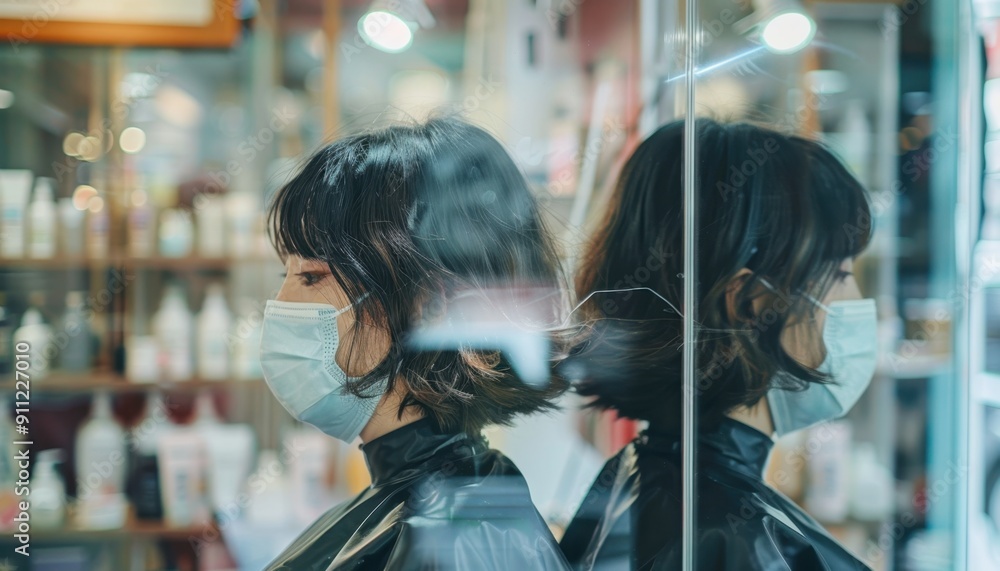 Young Woman With Short Hair and Face Mask in Beauty Salon at Dusk Young Woman With Short Hair and Face Mask in Beauty Salon at Dusk