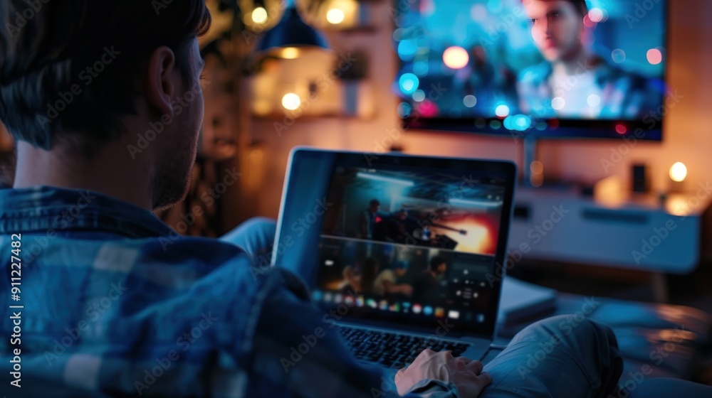 Fototapeta premium Man using mouse and keyboard to stream online on virtual screen with copy space image to watch video, movie, live show or online tutorial