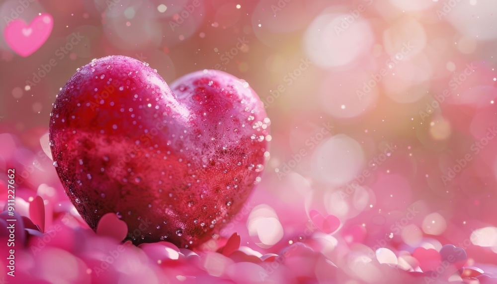 Sparkling Red Heart Surrounded by Pink Petals in a Soft Focus Background During a Romantic Celebration Sparkling Red Heart Surrounded by Pink Petals in a Soft Focus Background During a Romantic Celebration