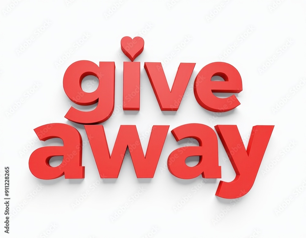 Red 3D text 'give away' with a heart on a white background Red 3D text 'give away' with a heart on a white background